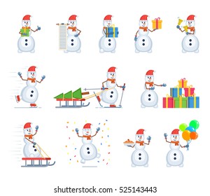 Big set of snowman characters showing different actions. Cheerful snowman holding gift box, scroll, cake, balloons, skating, celebrating Christmas and doing other actions. Flat vector illustration