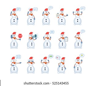 Big set of snowman characters showing different actions. Cheerful snowman talking on phone, surprised, thinking, holding stop sign, loudspeaker and doing other actions. Flat vector illustration