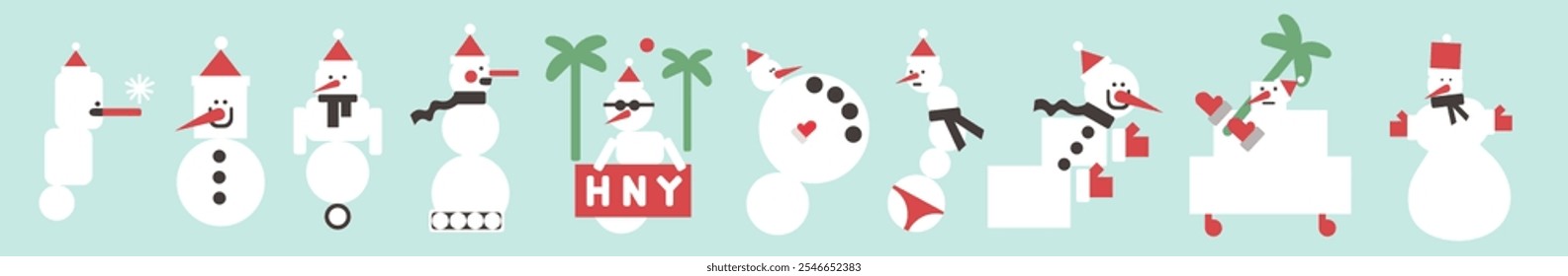 Big Set of snowman in shape flat style in vector. Elements for poster postcards stickers design