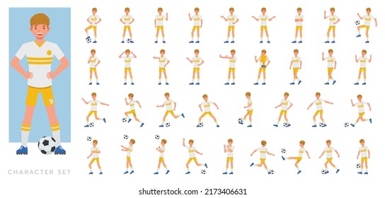 Big Set of Soccer and football player man character vector design. Presentation in various action with emotions, running, standing and walking.