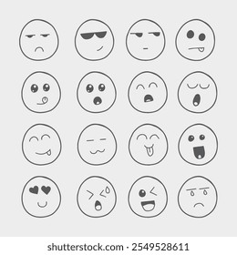Big set of social media emojis. Doodle Emoji face icon set. Emoji with different emotion. Hand drawn sketch. Pack of different expressions emoticons. Set of emoji faces on transparent background.