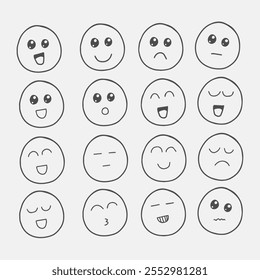 Grande conjunto de emojis de mídia social. Conjunto de ícones de rosto Doodle Emoji. Emoji com emoção diferente. Esboço desenhado à mão. Pacote de emoticons de expressões diferentes. Conjunto de faces emojis em fundo transparente.
