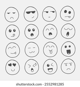 Grande conjunto de emojis de mídia social. Conjunto de ícones de rosto Doodle Emoji. Emoji com emoção diferente. Esboço desenhado à mão. Pacote de emoticons de expressões diferentes. Conjunto de faces emojis em fundo transparente.