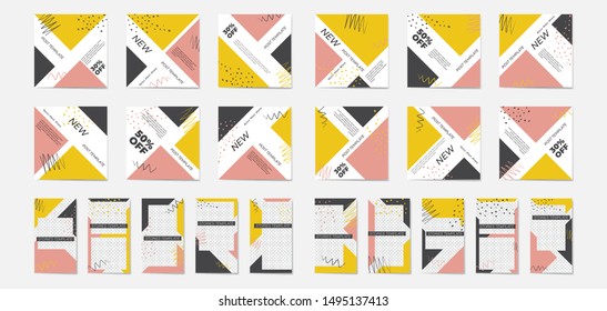 Big set of social media post templates. For Stories and Streams. White background with geometric elements and brush strokes with colorful spots. Promotion Brand Fashion. Stories. Streaming.
