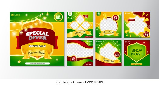 
un gran conjunto de plantillas cuadradas de publicaciones en medios sociales, ofertas especiales con brillantes diseños rojos, verdes y amarillos, fáciles de editar, uso para fondo, publicaciones en medios sociales, historias, tarjetas, etc vector.