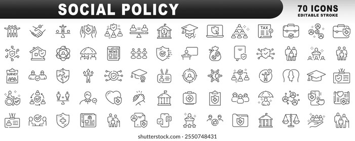 Gran conjunto de iconos de línea relacionados con la política social. Servicio, seguros, gobierno, sociedad, etc. Trazo editable