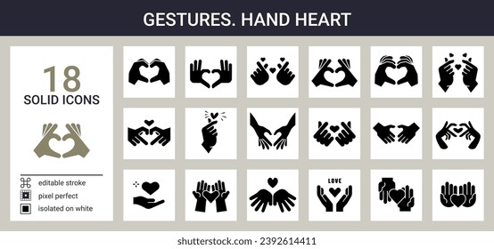 Big set of solid icons on white in cartoon style. Language of non-verbal communication, hand gestures to convey information instead of talking, hand heart gestures. Pixel perfect, editable stroke.