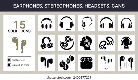Big set of solid icons on white background. Earphones, in-ear headphones, stereo phones, headsets, cans etc. Pixel perfect. svg