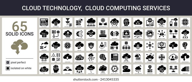 Big set of solid icons on white background. Cloud technology, cloud computing services. Contains such icons as AI, big data, database sharding, cloud pyramid, VPN etc. Signs with names. Pixel perfect.