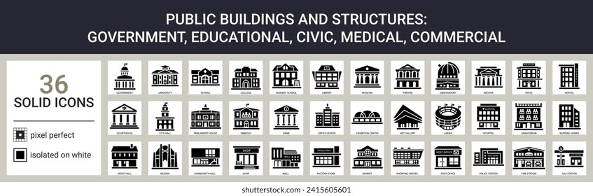 Gran conjunto de iconos sólidos sobre fondo blanco. Edificios y estructuras públicas como instituciones gubernamentales, educativas, cívicas, médicas, comerciales. Carteles con nombres. Pixel perfecto.