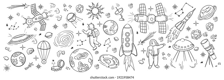 A big set of Space elements in the doodle style. Flying saucers, space rockets and ships, astronauts in the starry sky. Isolated objects on a white background.