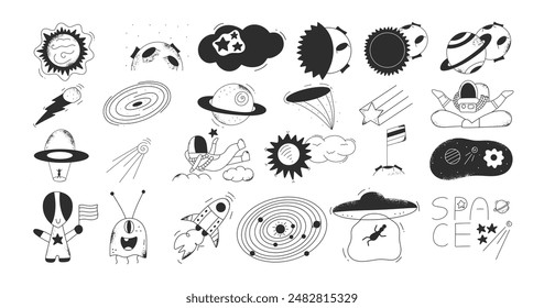 Große Menge von isolierten Symbolen. In: Cosmic Doodle Elemente. Mond, Galaxie, Astronaut und andere Hand zeichnen universelle Objekte auf weißem Hintergrund