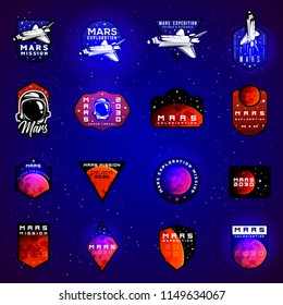 Big set of space mission to Mars vector emblems concept with space shuttle. Blue colors in priority