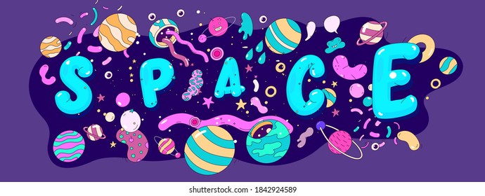 Big set of space objects and elements, painted cartoon style, illustration with outline. Vector illustration.