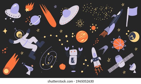 Big set of space theme clipart with astronaut, rockets, ufo and stars isolated on dark background