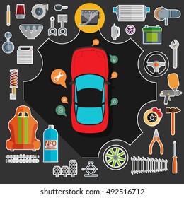 Big set of spare parts for cars. Tuning and modernization.