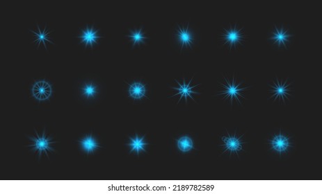 Big set of sparkling stars. Blue glowing flickering and flashing lights on dark background. Vector explosions with rays and flare effect