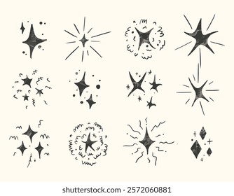 Big set of sparkling stars, magical glow. Fairytale simple hand drawn illustration, icon. Starlight effect, vector.