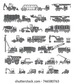 Big set of special machines for the construction work. Forklifts, cranes, excavators, tractors, bulldozers, trucks. Special equipment. Road repair. Commercial Vehicles. Icons
