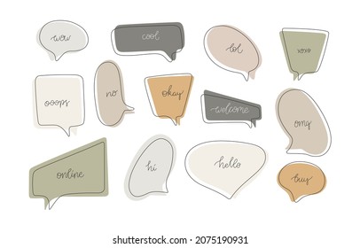 Big set of speech bubbles in earthy colors with monoline cursive common words. Vector doodle freehand illustrations isolated on white background.