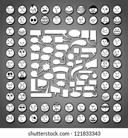 Big set of speech bubbles and hand drawn faces.
