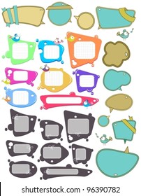 Big set of Speech bubbles, labels with funny birds, place for text,vector  illustration over white