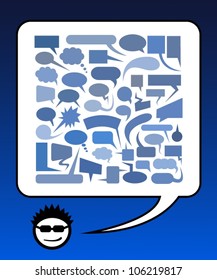 Big set of speech bubbles with smiling character.