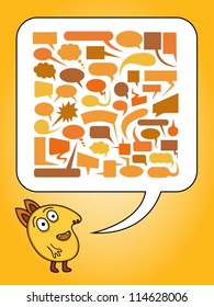 Big set of speech bubbles with smiling character.