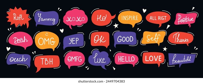 Big set of speech bubbles and talks clouds with phrases. Quotes. Calligraphy and lettering. Conversation with words. Scribbles elements. Editable stroke, y2k speak, figure. Chatting and message. Frame