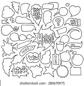 Big set of  speech and think bubbles. Doodle cartoon comic bubbles isolated on white background. Hand-drawn vector organized in groups for easy editing.