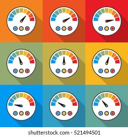 Big set of speedometer icons with long shadow. Vector illustration