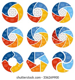 Big set of spiral infographic diagrams. Circular connected charts with 3, 4, 5, 6, 7, 8 options. Progress steps for tutorial. Business concept sequence banners, process layouts. EPS10 collection.