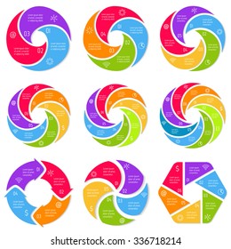 Big set of spiral infographic diagrams. Circular connected charts with 3, 4, 5, 6, 7, 8 options. Progress steps for tutorial. Business concept sequence banners, process layouts. EPS10 collection.