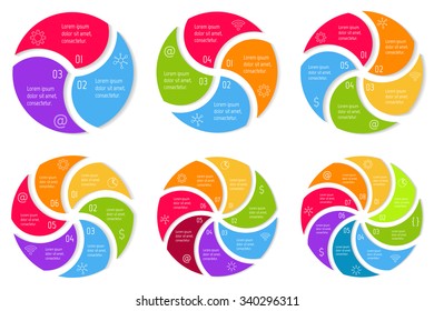 Big set of spiral infographic diagrams. Circular connected charts with 3, 4, 5, 6, 7, 8 options. Progress steps for tutorial. Business concept sequence banners, process layouts. EPS10 collection.