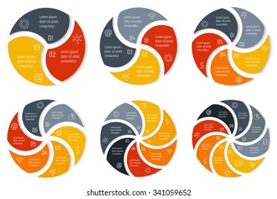 Big set of spiral infographic diagrams. Circular connected charts with 3, 4, 5, 6, 7, 8 options. Progress steps for tutorial. Business concept sequence banners, process layouts. EPS10 collection.