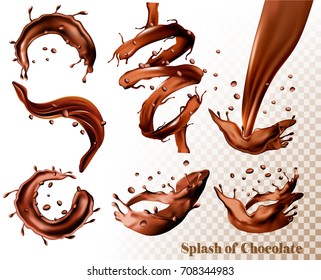 Big set of Splash of chocolate on transparent background. Vector set