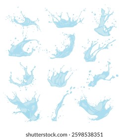 Big set of splash or drop icons of water or liquid. Vector icons of flowing drop, wave, splash, nature splash isolated on white background. Dripping liquid. Water spill.