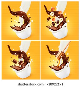 Big set of Splash of Milk and Chocolate on transparent background. Vector set