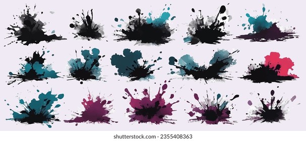 Big set of splashes of multicolored ink in different shapes.