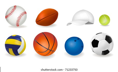 Big set of sport balls and tennis cap. Vector illustration.