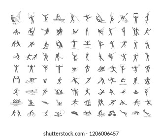 Big set of sport games. Collection of activity icons with volleyball, football, gymnastics and swimming. Line figure. Isolated vector illustration