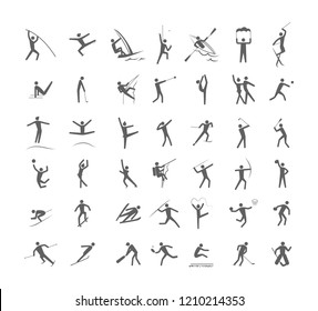 Big set of sport games. Collection of activity icons with volleyball, football, gymnastics and swimming. Line figure. Isolated vector illustration