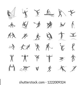 Big set of sport games. Collection of activity icons with volleyball, football, canoe and swimming. Line figure. Isolated vector illustration