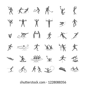 Big set of sport games. Collection of activity icons with volleyball, football, canoe and swimming. Line figure. Isolated vector illustration