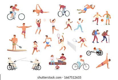 Big set of sport people in various workouts. Multiracial and multicultural diversity. Flat Art Vector illustration