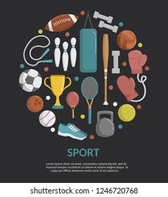 Big set of sport tools and elements cartoon vector illustration