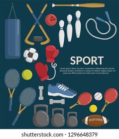 Big set of sport tools and elements cartoon vector illustration