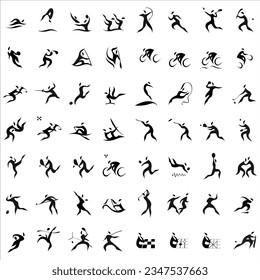 
Big set of sports games. Collection of activity icons with volleyball, football, gymnastics and swimming. Line figure. Isolated illustration