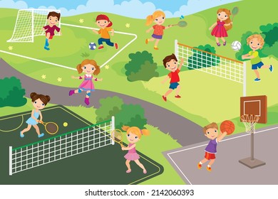 Gran juego con juegos deportivos - voleibol, fútbol, tenis, baloncesto, bambiteo