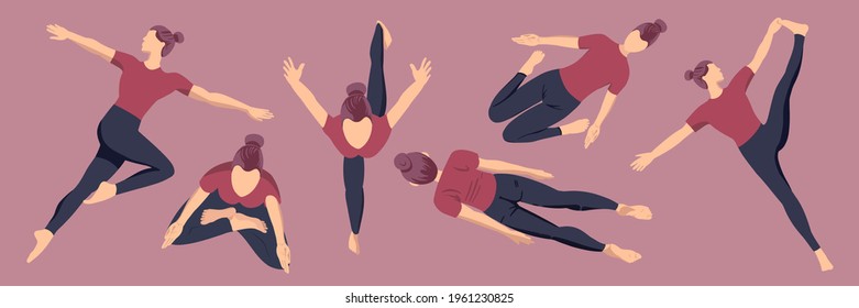 Big set of sports icons, yoga for women, flat minimalist style, top view. Vector illustration.